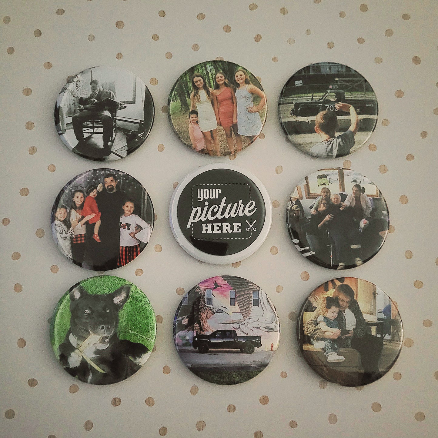 2" Round Circle Customized Magnets / Buttons (Set of Nine)